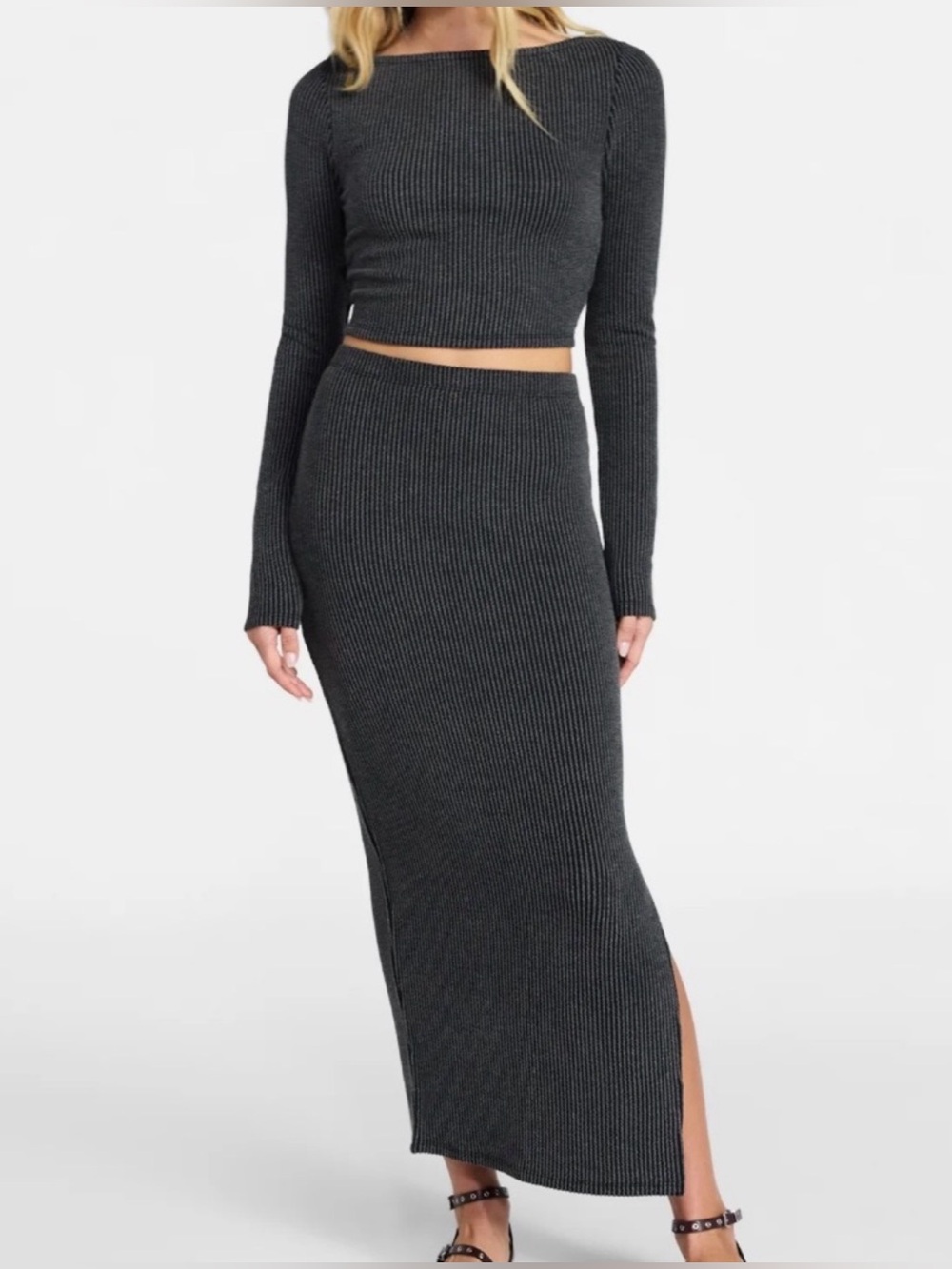 Charcoal Ribbed Knit Maxi Skirt & Crop Top Set